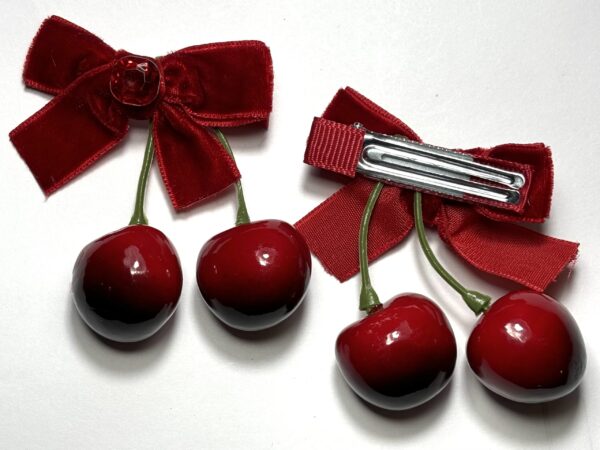 Velvet Bow with Double Cherry Hair Clip